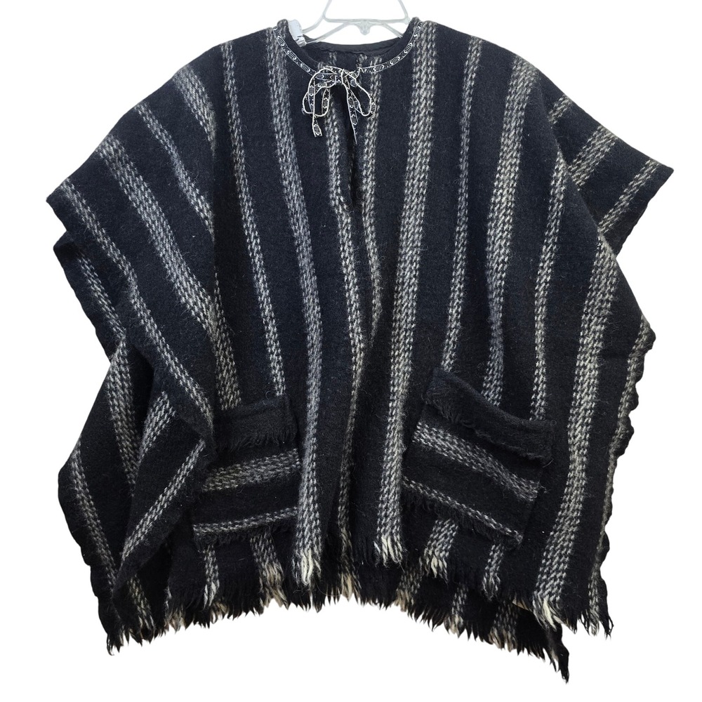 Kerstin Adolphson Stockholm Sweden‎ Handwoven Wool Poncho Black Stripe Fringe
